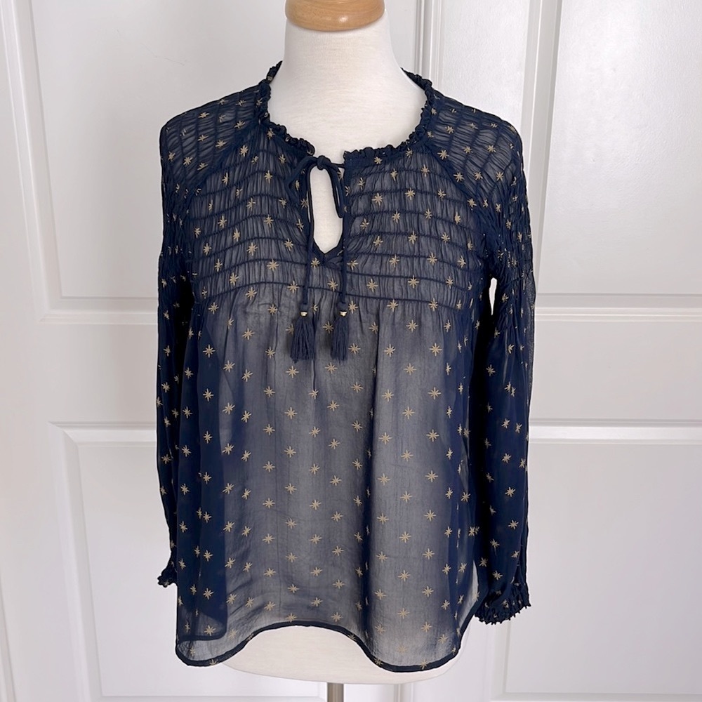 Lucky Brand Boho Top Navy Blue with Gold Stars. Size XS